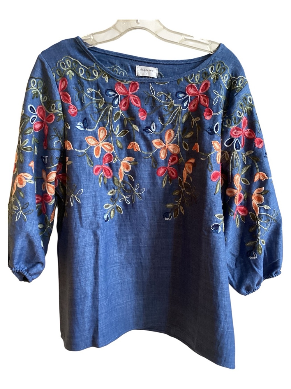 Sapphire Embroidered Floral Peasant Blue Top Misses size XL